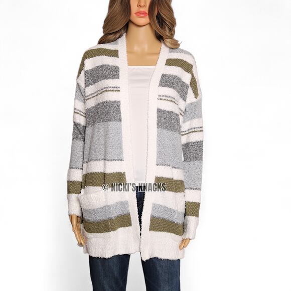 Stitch Fix Fuzzy Cardigan Sweater Green Gray White Striped Open Front Size XS - Picture 2 of 12